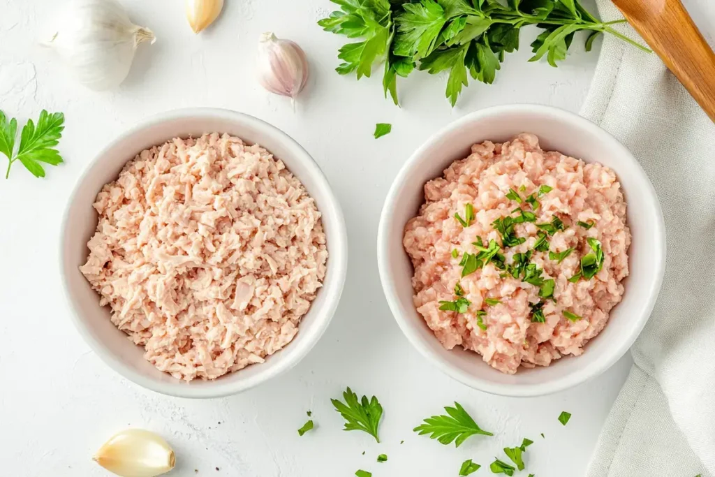Ground chicken and minced chicken in white bowls on a bright kitchen counter with herbs and garlic