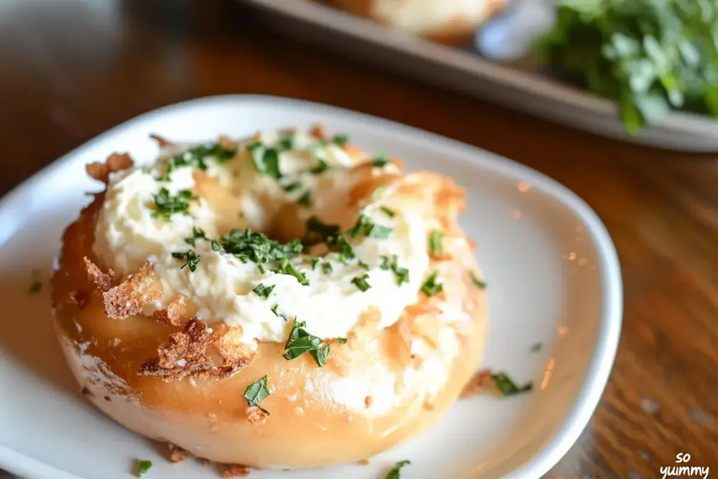 Freshly baked Asiago bagel with cream cheese and herbs on a white ceramic plate, illuminated by natural sunlight.
