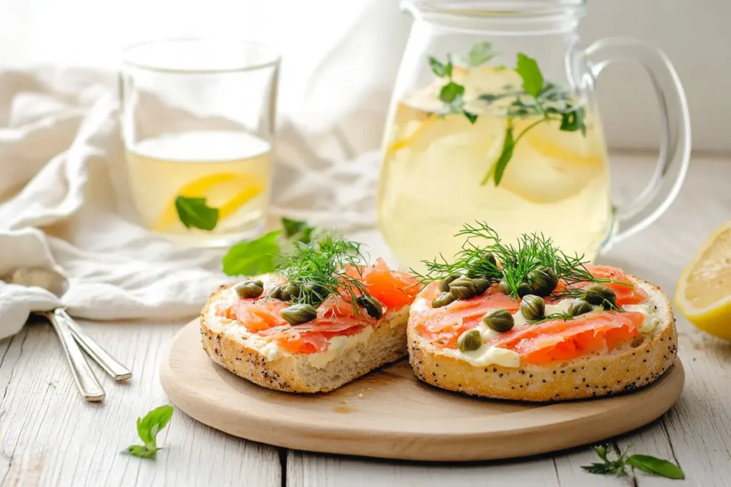 Freshly toasted Asiago bagel with cream cheese, smoked salmon, capers, and dill on a wooden table, bright natural lighting.