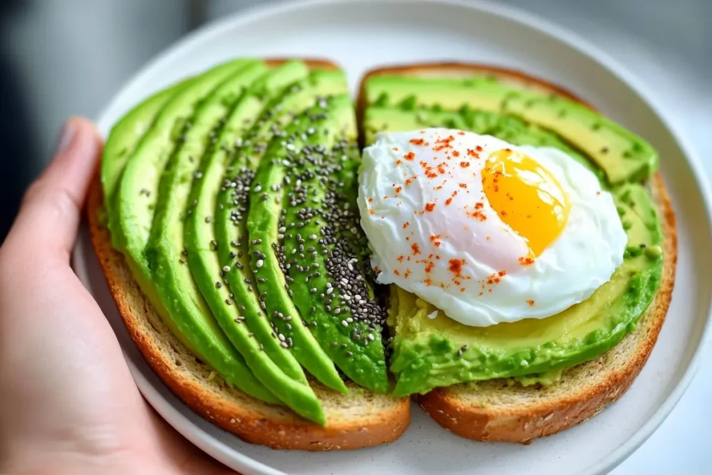 Avocado toast topped with poached egg, chia seeds, and red pepper flakes on a plate in natural light