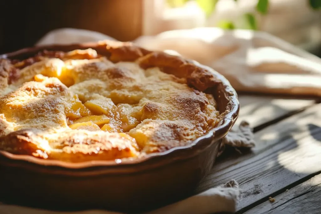 Close-up of a golden-brown peach cobbler in a rustic dish, with flaky crust and juicy peaches, resting on a wooden table in natural sunlight.