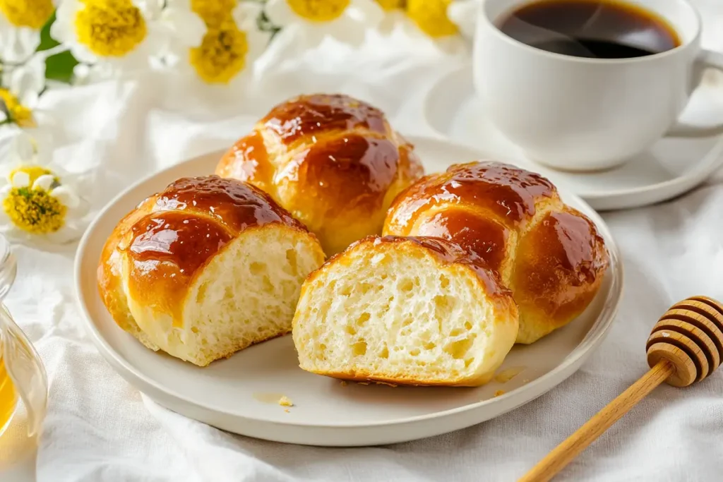 Honey buns with shiny glaze served on a plate with coffee and honey in a bright breakfast setting.