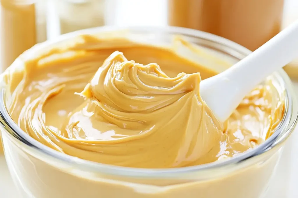 Glass bowl with creamy Nutter Butter filling being stirred with a white spatula on a bright kitchen table.