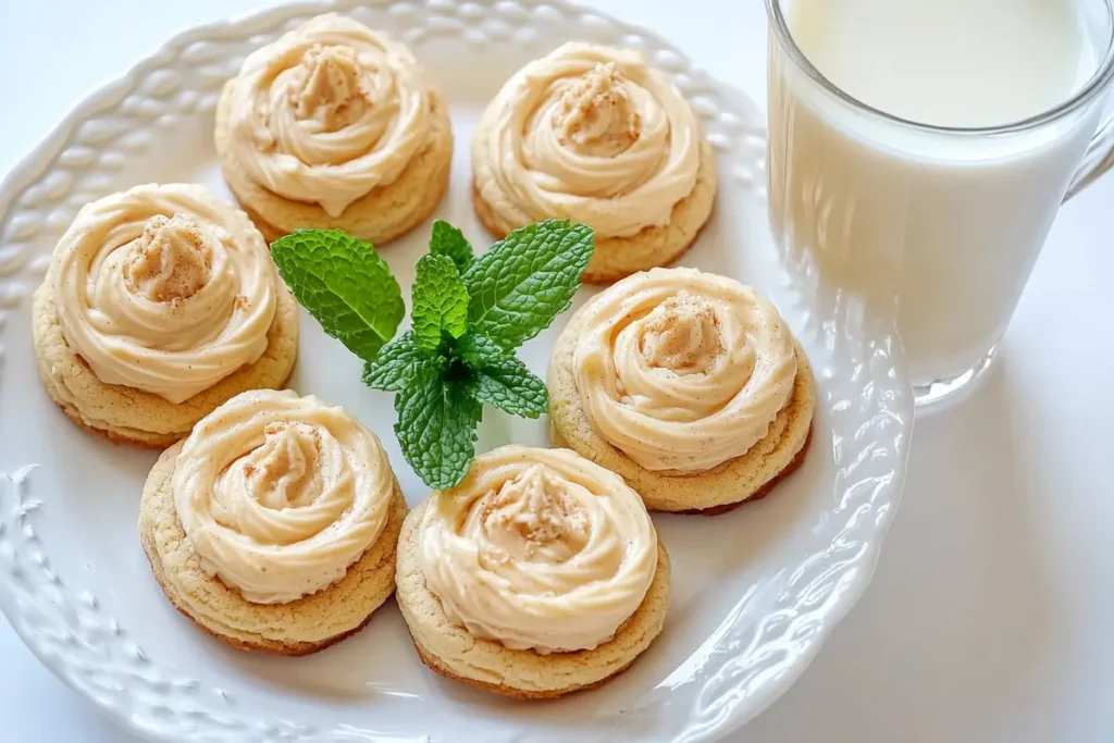 Close-up of peanut butter sandwich cookies on a white plate with a glass of milk.