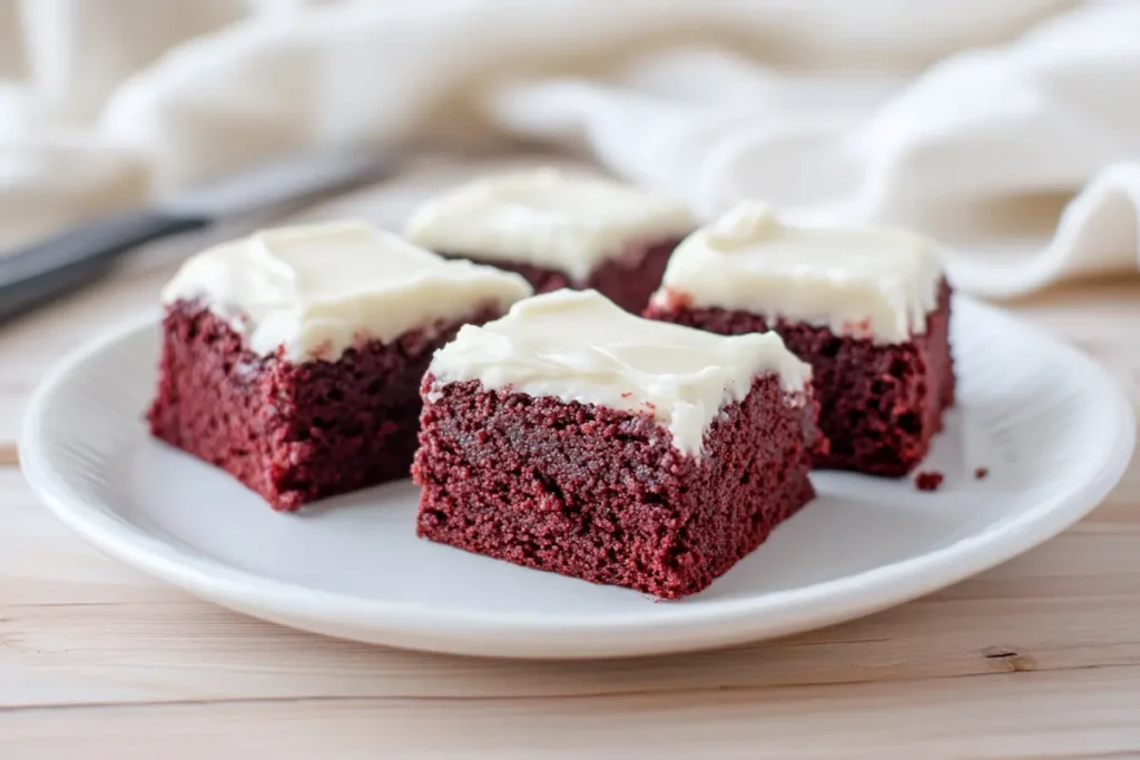 Close-up of red velvet brownies with cream cheese frosting on a white plate, illuminated by natural light.