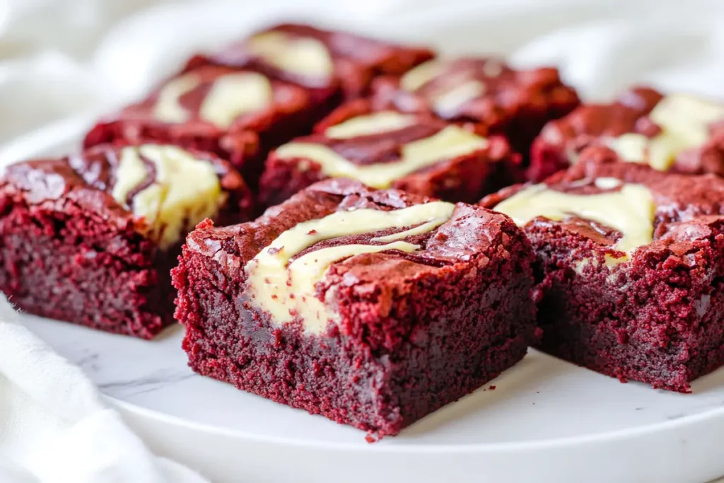 Red velvet brownies with cream cheese swirl on a white plate in natural light.