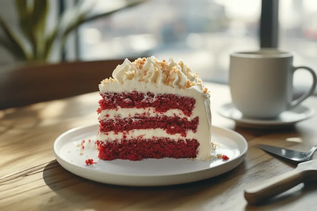 Red velvet cake with cream cheese frosting and a slice served on a white plate, showing its red layers and fluffy texture.