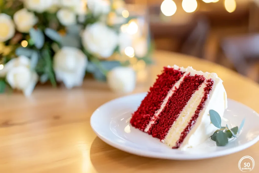 A close-up of a slice of red velvet cake with vibrant red layers and white cream frosting, placed on a white plate on a wooden table with natural light.