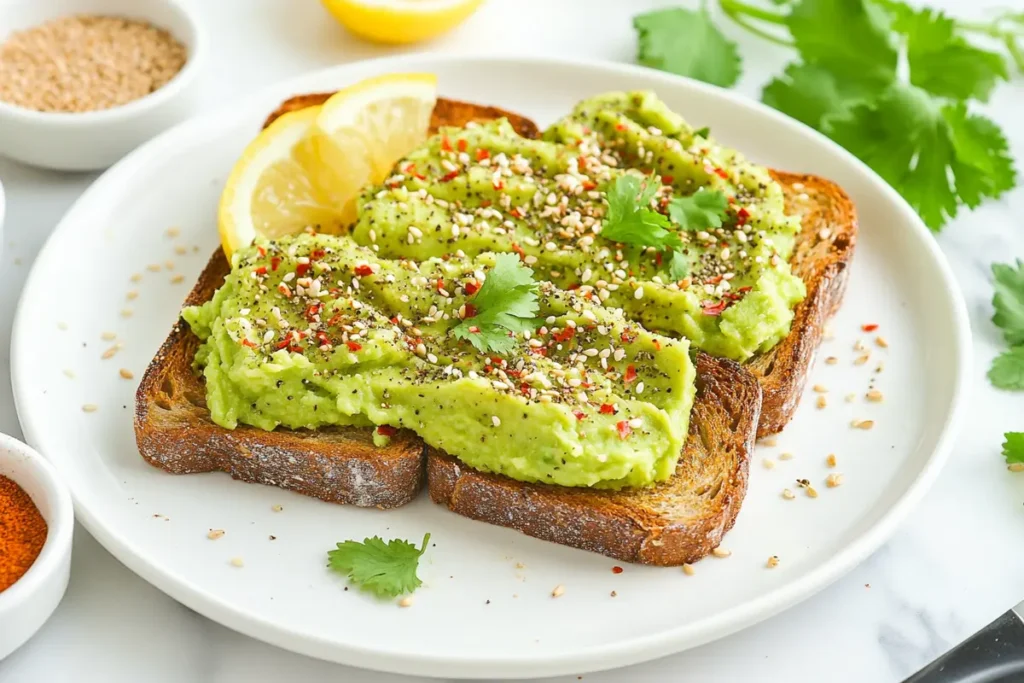 Rustic avocado toast topped with za'atar, chili flakes, and sesame seeds on a marble surface