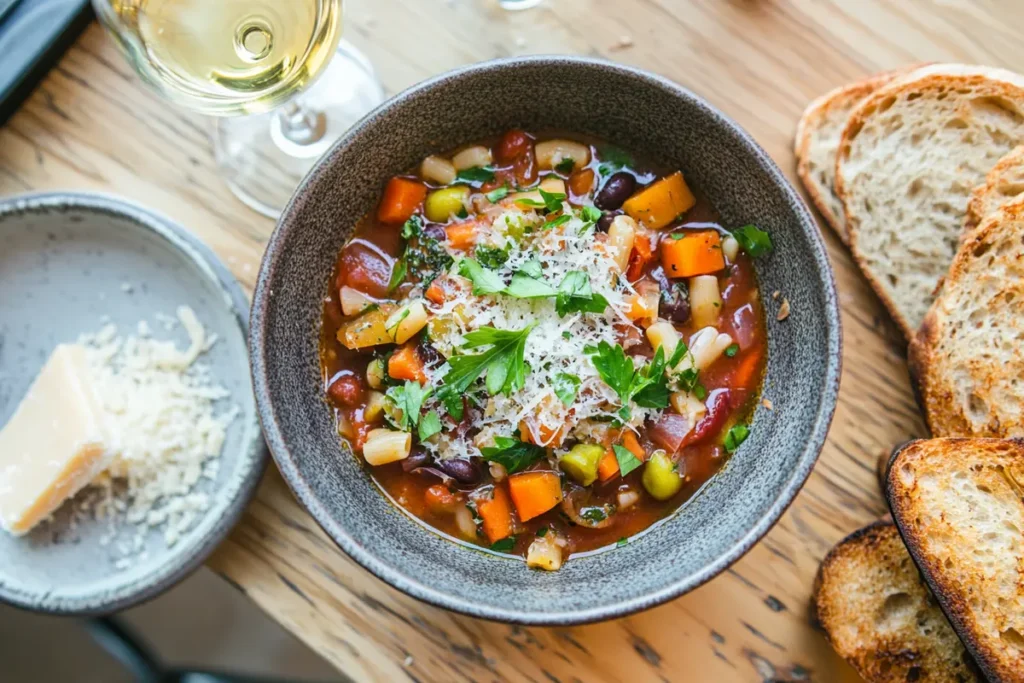 A bright bowl of minestrone soup with colorful vegetables, pasta, and fresh parsley garnish, served with bread and parmesan cheese.