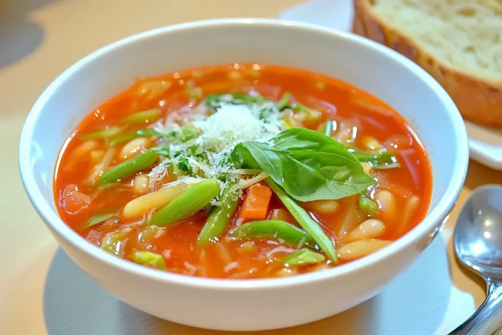 A vibrant bowl of traditional Italian minestrone soup with ditalini pasta, fresh vegetables, and tomato-based broth garnished with basil and Parmesan.