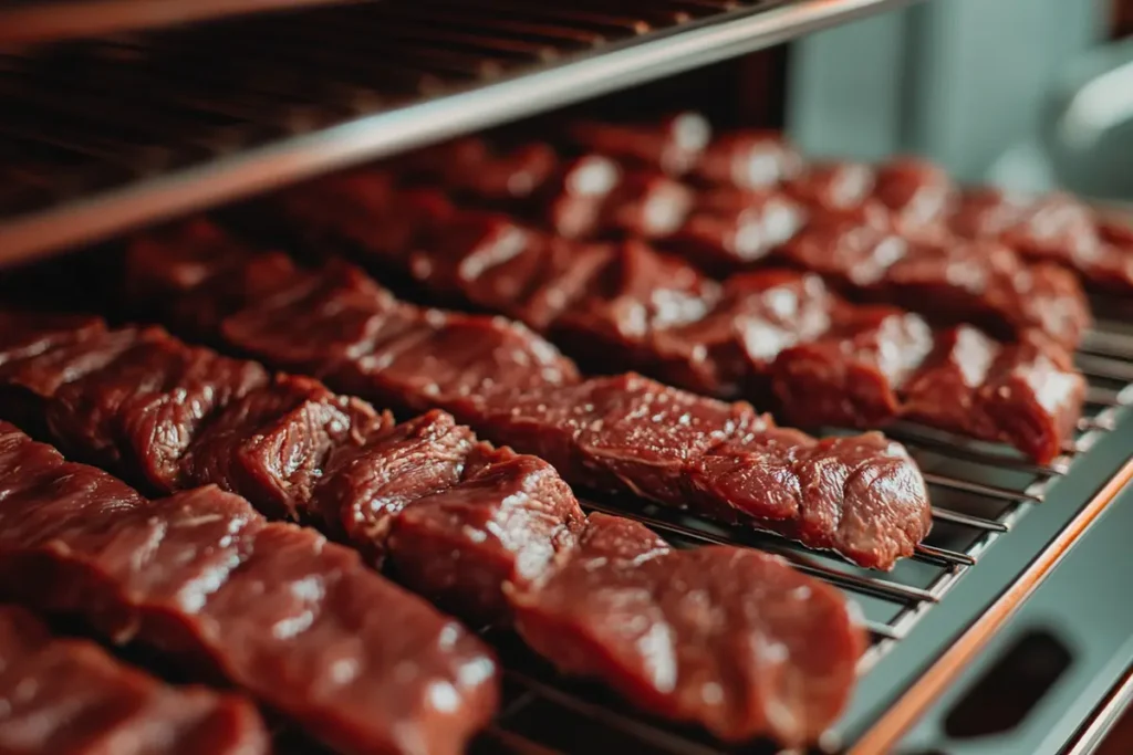 Marinated venison strips drying on a metal rack in a dehydrator with natural light highlighting their texture