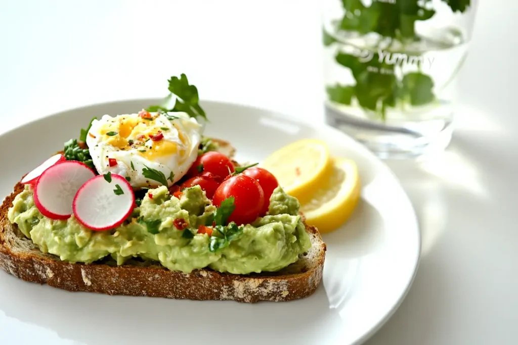 Avocado on whole-grain bread topped with poached egg, radishes, and cherry tomatoes in a bright setting.