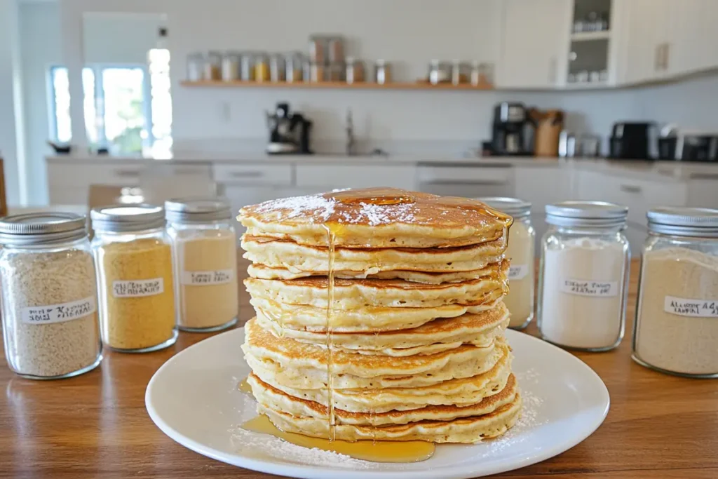 Golden fluffy pancakes drizzled with maple syrup, surrounded by jars of different flours in a bright kitchen.