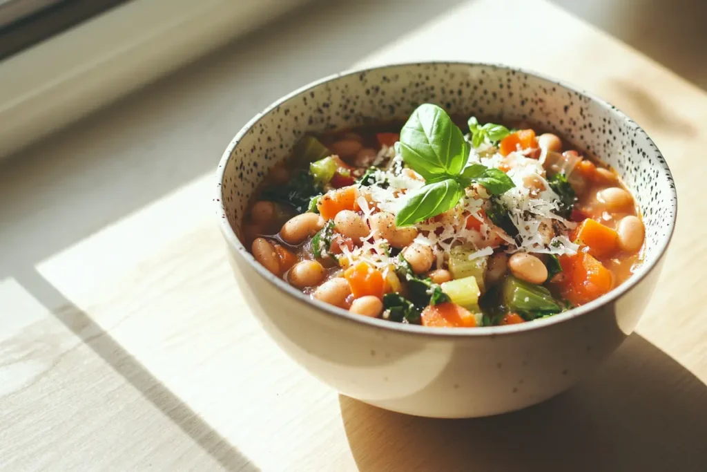 A vibrant bowl of minestrone soup with fresh vegetables, pasta, beans, and basil on a light wooden table.