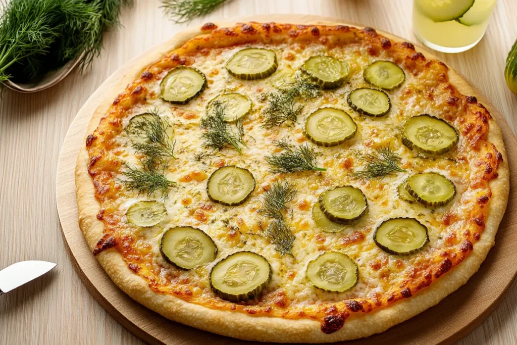 Close-up of a fully baked Pickle Pie Pizza with golden crust, melted cheese, and fresh dill garnish on a light wooden surface.