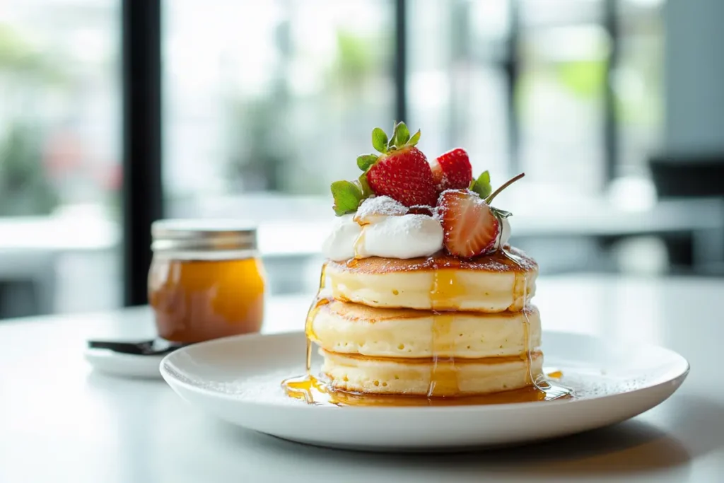 Golden fluffy pancakes stacked on a white plate, drizzled with honey and topped with fresh strawberries, in a bright minimalist kitchen.