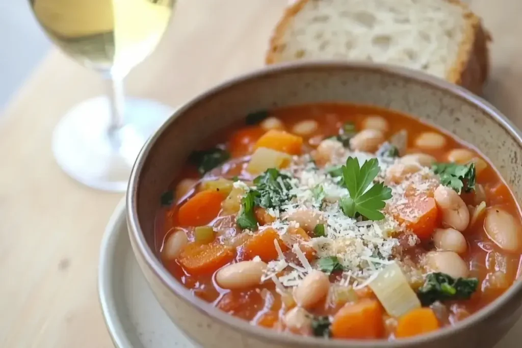 Bowl of minestrone soup with vibrant vegetables, Parmesan cheese, and rustic bread on a sunny wooden table.