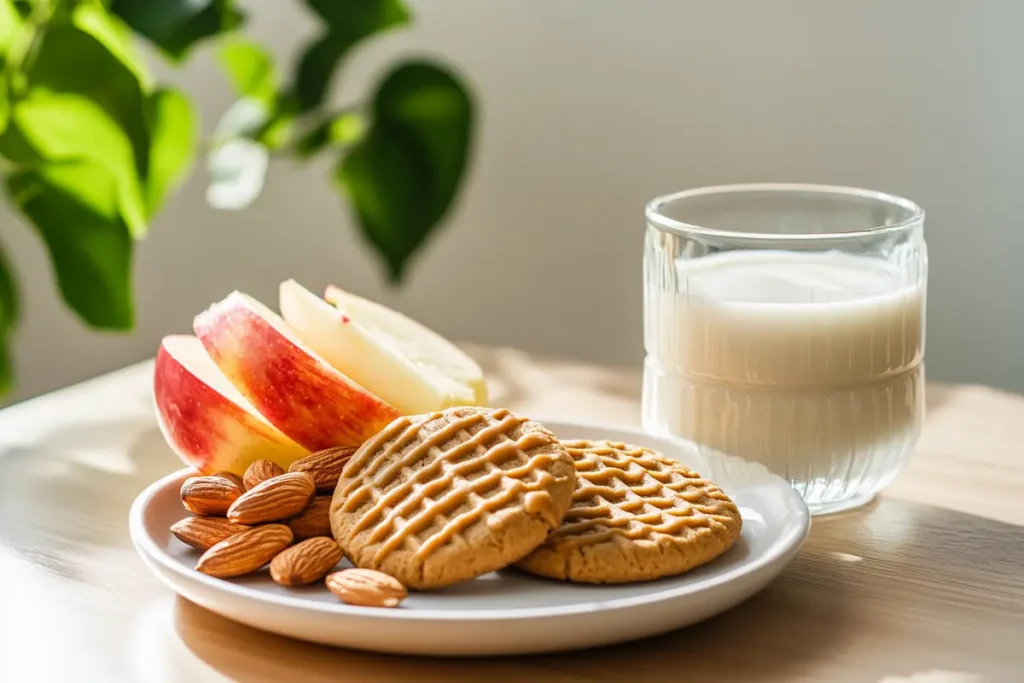 A close-up of Nutter Butter cookies stacked on a rustic wooden tray with peanut butter and crushed peanuts, illuminated by natural light.