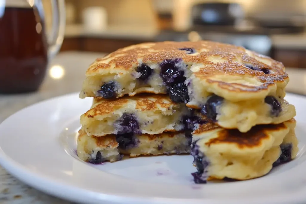 Fluffy pancakes with blueberries in the batter on a white plate