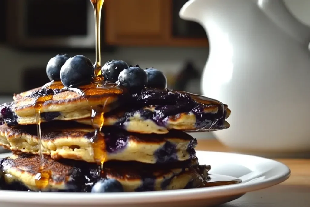 Fluffy sourdough blueberry pancakes drizzled with maple syrup on a white plate.