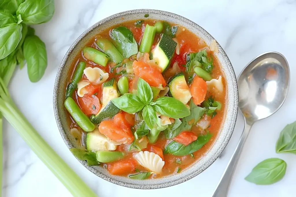 Colorful minestrone soup with fresh vegetables and pasta.